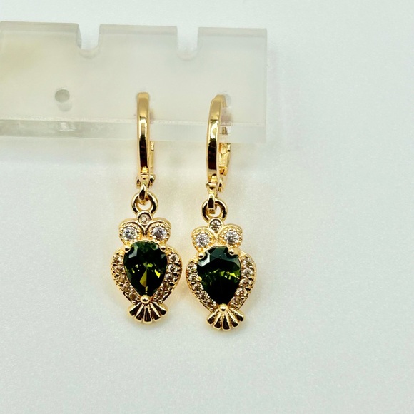 Gold and Green Owl Drop Earrings with Gemstone Halo-New! - Picture 3 of 4